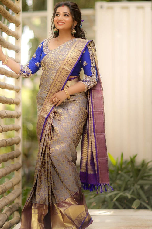 Load image into Gallery viewer, Glittering Grey Soft Banarasi Silk Saree With Two Snazzy Blouse Piece
