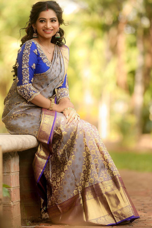 Load image into Gallery viewer, Glittering Grey Soft Banarasi Silk Saree With Two Snazzy Blouse Piece
