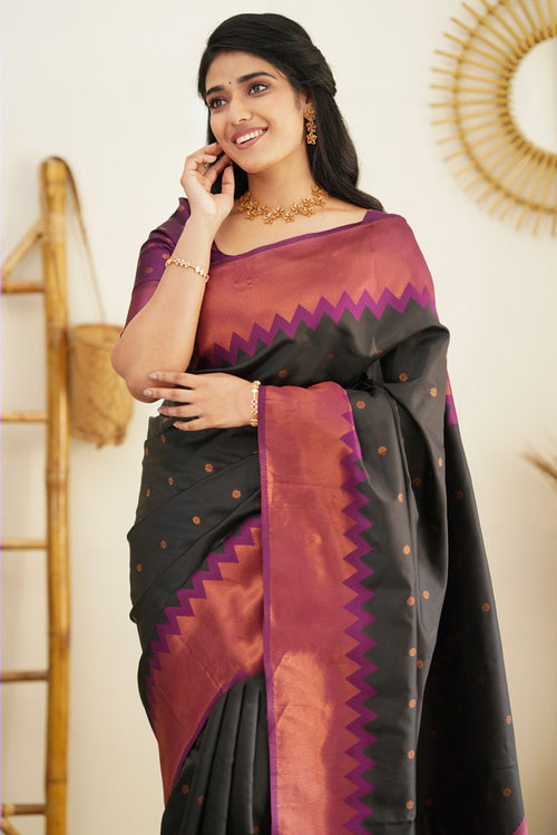 Load image into Gallery viewer, Flaunt Black Soft Banarasi Silk Saree With Gleaming Blouse Piece
