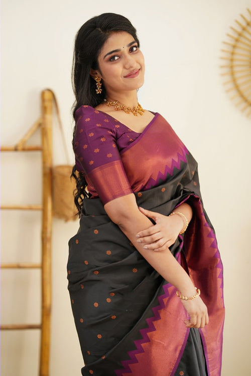 Load image into Gallery viewer, Flaunt Black Soft Banarasi Silk Saree With Gleaming Blouse Piece
