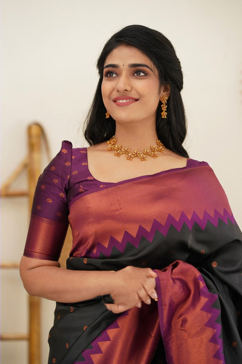 Load image into Gallery viewer, Flaunt Black Soft Banarasi Silk Saree With Gleaming Blouse Piece
