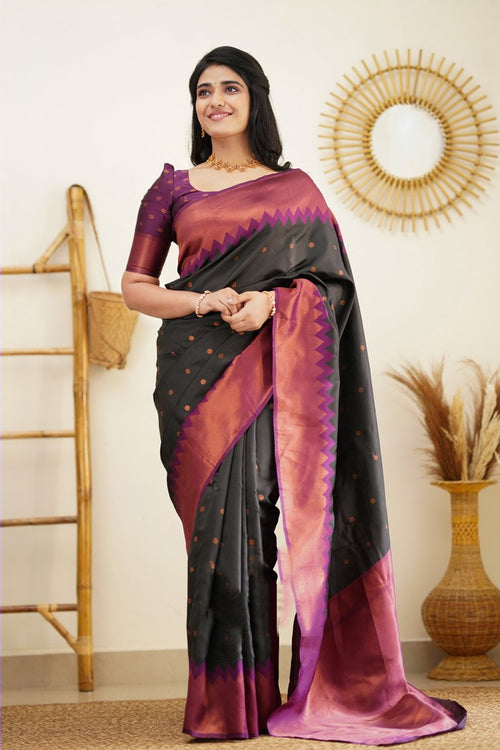 Load image into Gallery viewer, Flaunt Black Soft Banarasi Silk Saree With Gleaming Blouse Piece
