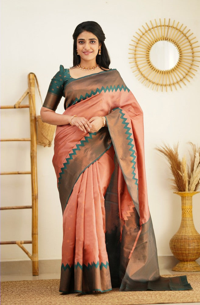 Fantabulous Peach Soft Banarasi Silk Saree With Invaluable Blouse Piece