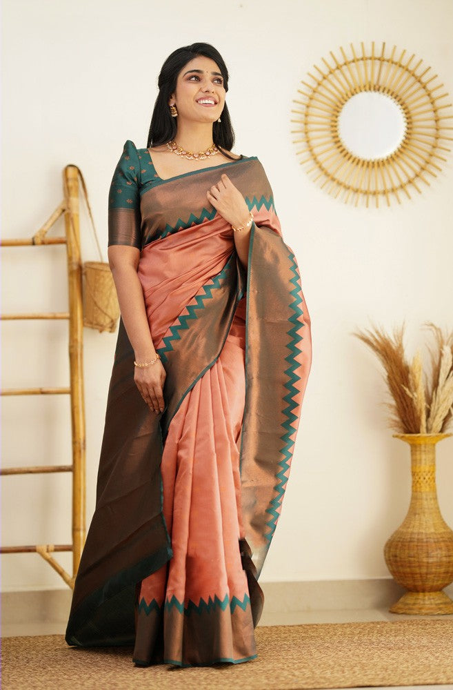 Fantabulous Peach Soft Banarasi Silk Saree With Invaluable Blouse Piece