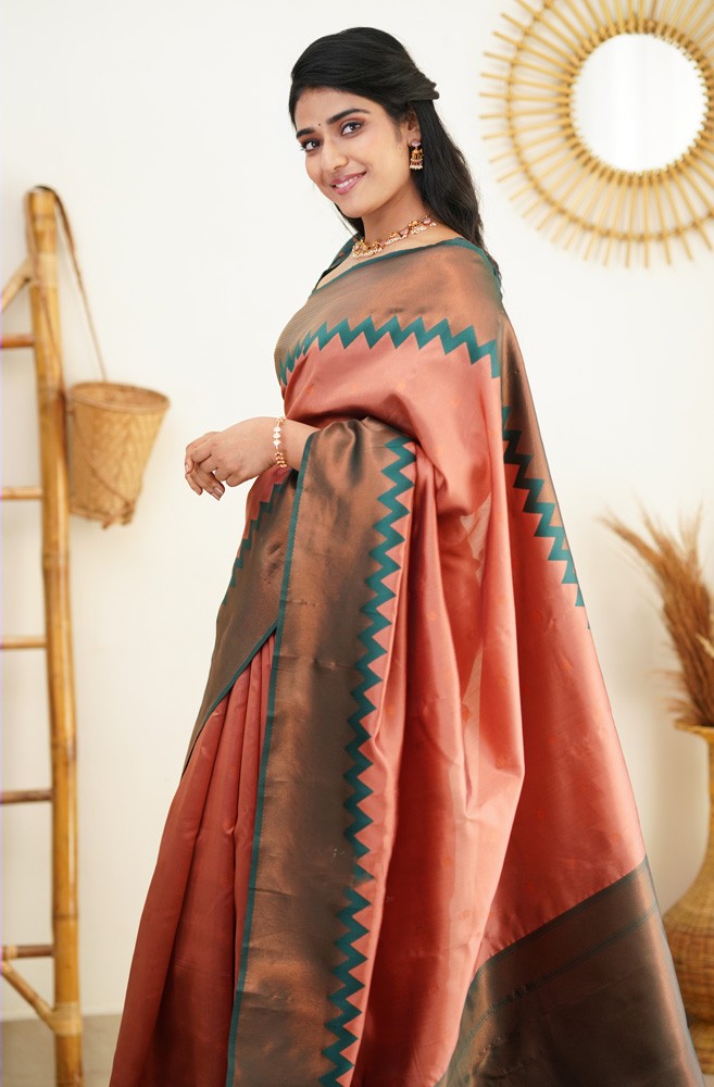 Fantabulous Peach Soft Banarasi Silk Saree With Invaluable Blouse Piece