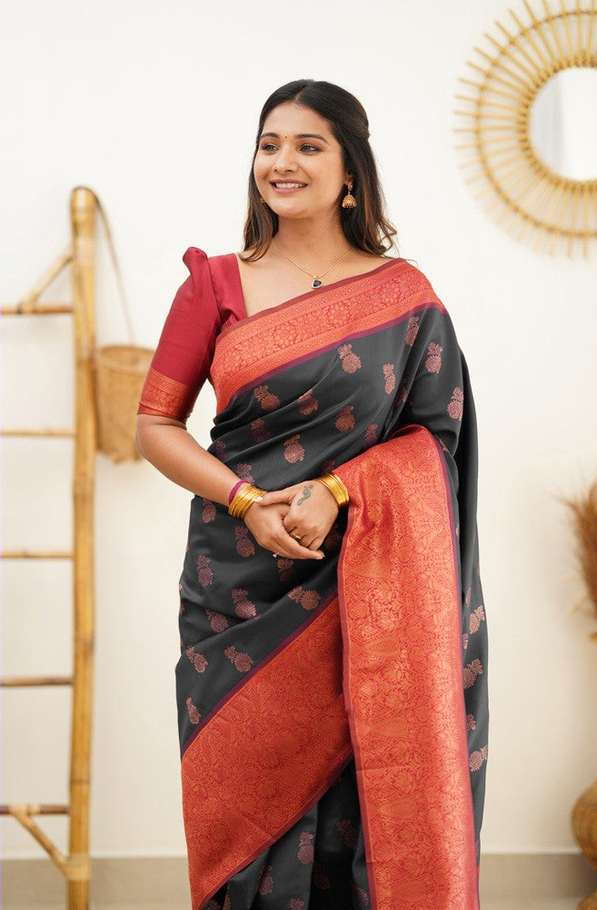 Glowing Black Soft Silk Saree With Blooming Blouse Piece