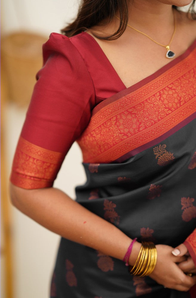 Glowing Black Soft Silk Saree With Blooming Blouse Piece