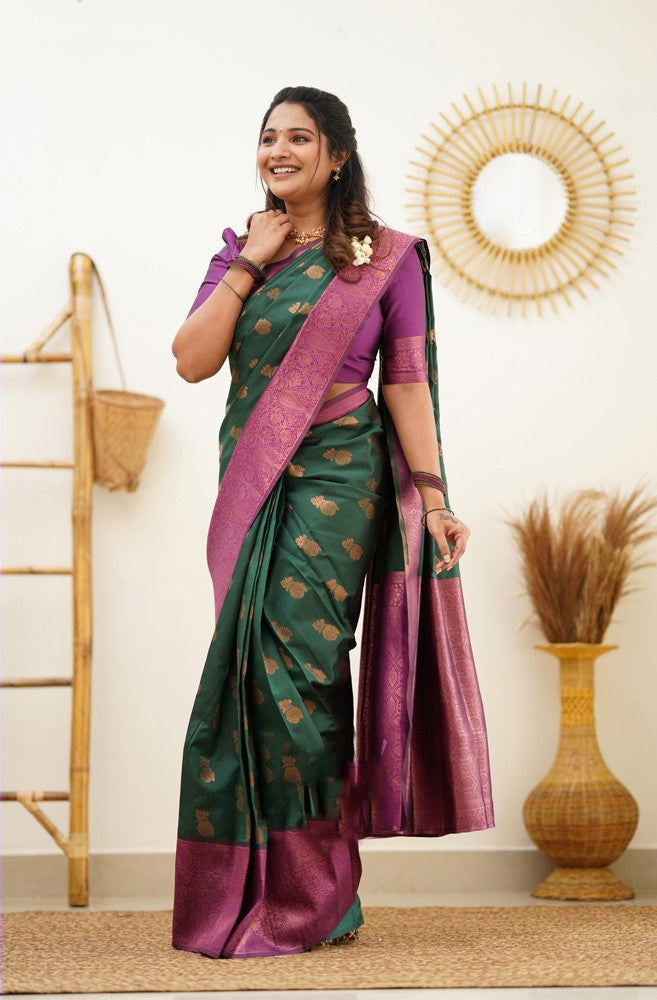 Charming Green Soft Silk Saree With Mesmeric Blouse Piece