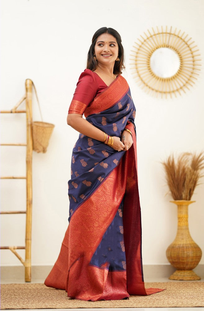 Blue vasundhara silk mix saree with paisley buttas, self-border of  traditional designs & intricately designed pallu