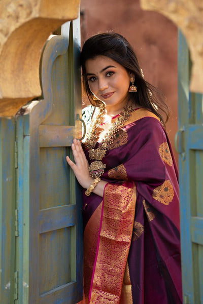 Dazzling Wine Soft Banarasi Silk Saree With Adorable Blouse Piece