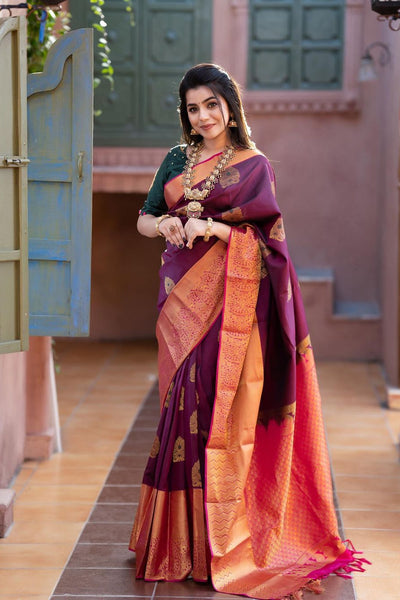 Dazzling Wine Soft Banarasi Silk Saree With Adorable Blouse Piece