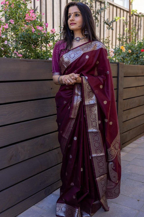 Load image into Gallery viewer, Efflorescence Maroon Soft Banarasi Silk Saree With Unique Blouse Piece
